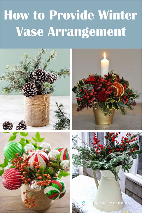 Small Christmas Vase Ideas, Winter Vase Arrangements, Christmas Vase Arrangements, Gold Vase Flowers, Winter Vase, Red Flower Arrangements, Winter Flower Arrangements, Painted Pinecones, Christmas Vases