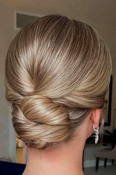 Swept Back Wedding Hairstyles For Your Special Bride Look ★ Low Chignon Bun Wedding, Modern Low Bun Wedding, Wedding Hair Updo Classic, Low Bun For Bride, Bridal Hair Classic Low Buns, Bridal Updos For Long Hair Front View, Blonde Low Bun Wedding, Sophisticated Bridal Hair, Updo Strapless Dress