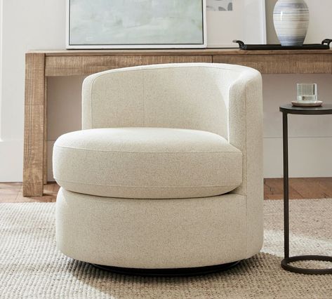 Balboa Upholstered Swivel Glider | Pottery Barn Organic Transitional, Fireplace Lounge, Living Room Design Board, Fireplace Furniture, Interior Define, Live Oak, Small Space Solutions, Bedrooms Decor, Reading Chair