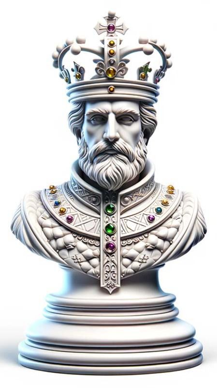 This image shows a highly detailed and ornate chess piece resembling a king. The piece is sculpted with a realistic human face, bearing a stern expression and a full, neatly trimmed beard. The king wears a crown that is embellished with various gemstones, including rubies, sapphires, and diamonds, suggesting an air of regality and wealth. The crown's design features crosses and fleur-de-lis motifs, which are often associated with royalty and heraldry.  The torso of the piece is designed like a suit of armor, with intricate patterns and textures that mimic quilted padding and metalwork, complete with jewel-encrusted ornaments. The colors are primarily silver and white, giving the piece a noble and pristine appearance. Stern Expression, Trimmed Beard, Chess Aesthetic, Knight Chess Piece, King Chess Piece, King Chess, One Night In Bangkok, Knight Chess, Queen Chess Piece