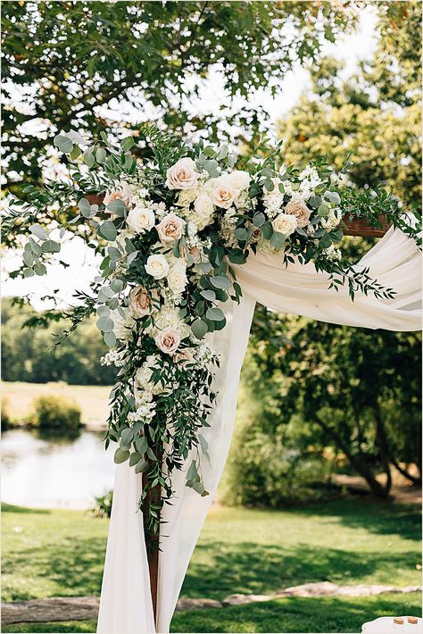 The Farm at Eagles Ridge | Kristen and Tyler – August 3, 2019 Greenery Wedding Arch Outdoor Ceremony, Wedding Flower Arches Outdoor, Wedding Arch Flowers With Drape, Wedding Flowers Archway, Floral Arbor Wedding Outdoor Ceremony, Flowers For Arch Wedding, Arbor With Flowers, Flowers For Arch, Flowers On Arch