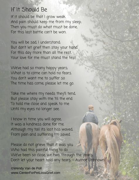 Pet Loss Poem If It Should Be - a wonderful tribute for celebrating the life of our beloved companions. Helping you cope with the raw feelings in your heart Pet Passing, Horse Poems, Inspirational Horse Quotes, Dog Poems, Horse Riding Quotes, Equestrian Quotes, Horse Memorial, Riding Quotes, Dog Sympathy