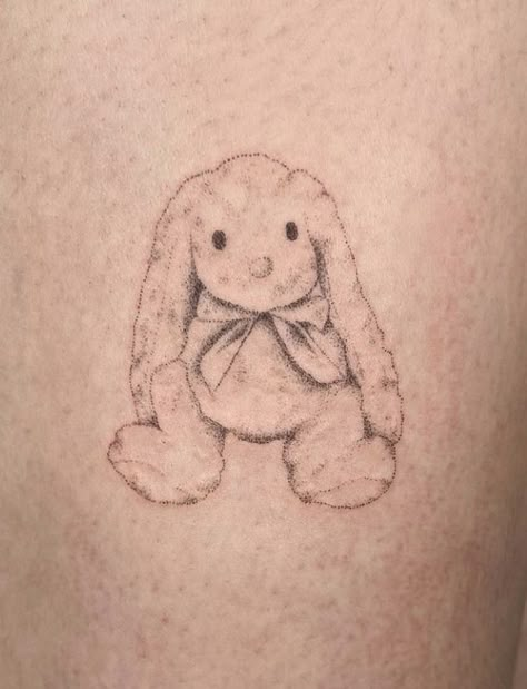 Lamb Stuffed Animal Tattoo, Bunny Teddy Tattoo, Bunny Stuffed Animal Tattoo, Lil Tattoos Ideas, Stuffed Bunny Tattoo, Bunny Rabbit Tattoo, Doll Tattoo Ideas, Stuffed Animal Tattoo, Teddy Bear Tattoo