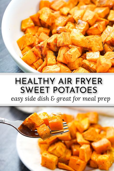 white plate and bowl with diced air fryer sweet potatoes and text Air Fry Sweet Potato Cubes, Roasted Sweet Potatoes Air Fryer, Sweet Potato Air Fryer Recipes, Air Fryer Sweet Potatoes Cubes, Sweet Potato Air Fryer, Mom Snacks, Air Fryer Sweet Potatoes, Sweet Potato Cubes, Roasted Sweet Potato Cubes