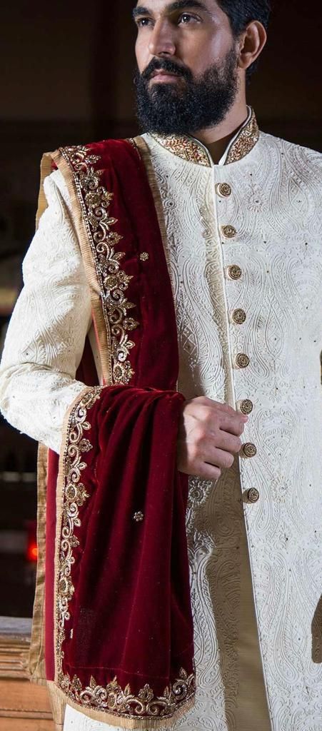 Groom In Sherwani, Red Shawl, Sherwani For Men, Masculine Men, Wedding Outfit, Color Combinations, Shawl, For Men, Red