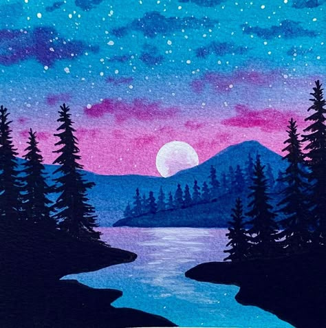 River Canvas Painting, Moon And Sky Painting, 10 X 10 Canvas Painting Ideas, Moon And Mountains Painting, Canvas Painting Ideas Moon, Tree Mountain Painting, Night Mountain Painting, Painting Ideas Moon, Moon Painting Ideas