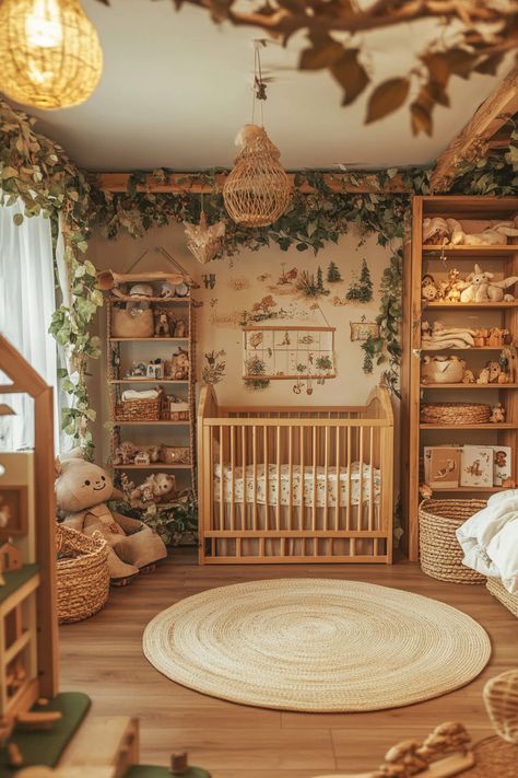 Nature-inspired baby room. Wide angle view of low wooden shelves and adventure exploration area.  Are you hungry for some seriously inspiring and baby-friendly nursery designs? Get ready for an epic roundup of 52 Montessori Forest Nursery Designs that are not just absolutely Instagram-worthy but foster your baby's sense of independence too! In this article, we're taking you on a fairy-tale journey where woodland meets…  Read more: https://tastyinteriors.com/generated-post-52-montessori-forest-nursery-designs/ Cottagecore Baby Nursery, Cottagecore Baby Room, Garden Themed Nursery, Fun Nursery Ideas, Cottage Core Nursery, Forest Baby Rooms, Unique Nursery Ideas, Fairy Tale Nursery, Cottagecore Nursery