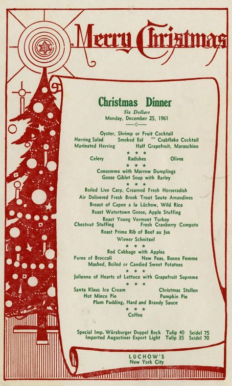 From Schnitzel to Salsa — Luchow’s, New York, N.Y., December 25, 1961 On a... Holiday Menu Design, Xmas Dinner Menu, Christmas Menu Design, Red Cabbage With Apples, Creative Moodboard, Beef Au Jus, Christmas Party Menu, Merry Chrysler, New York December