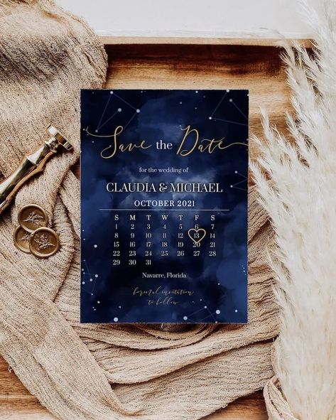 Our Celestial Save the Date Calendar is an instant downloadable, editable template. Perfect celestial wedding invitation for a rustic moon wedding in navy blue and gold tones. Use this template to edit all fonts. You can use this template as well for a birthday party, baby shower, bridal shower, graduation party, or any other occasion with a celestial theme. Just edit, download, and print. It's super easy and fast.⁣ ⁣ #eventplanner #savethedate #moonwedding #starswedding #diybride #bridetobe ... Celestial Wedding Invitations, Invitation Writing, Save The Date Calendar, Galaxy Wedding, Celestial Theme, Starry Night Wedding, 16th Birthday Invitations, Moon Wedding, Sweet Sixteen Invitations