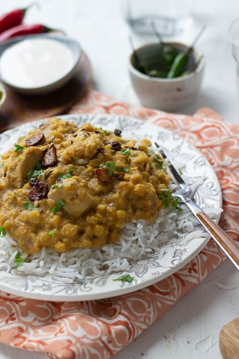 Dal Chicken or Chicken Dal Gosht in the Instant Pot - Flour & Spice Dal Recipe, Chicken Masala, Chaat Masala, White Meat, Saute Onions, The Next Day, Curry Leaves, Boneless Chicken, Easy Chicken