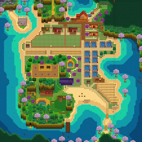 Beach Stardew Valley, Beach Farm Stardew Valley, Beach Farm Layout, Stardew Valley Beach Farm Layout, Stardew Valley Beach Farm, Stardew Design, Stardew Ideas, Stardew Farm, Beach Farm