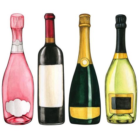 Wine Bottle Watercolor, Wine Bottle Drawing, Champagne Art, Drink Illustration, Purse Ideas, Bottle Drawing, White Png, Wine Bottle Art, Art Deco Patterns