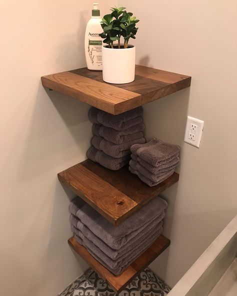 Porter Barn Wood on Instagram: “Floating corner shelves  Photo by @jessefitton  #bathroom #design #shelves #openshelving #reclaimed #reclaimedwood #woodwork #home…” Small Corner Shelves Bathroom, Large Corner Floating Shelves, Bathroom Corner Shelves For Towels, Small Bathroom Corner Shelves, Floating Corner Shelves Bathroom, Corner Towel Storage, Diy Bathroom Corner Shelves, Corner Shelving Bathroom, Bathroom Corner Shelves Ideas