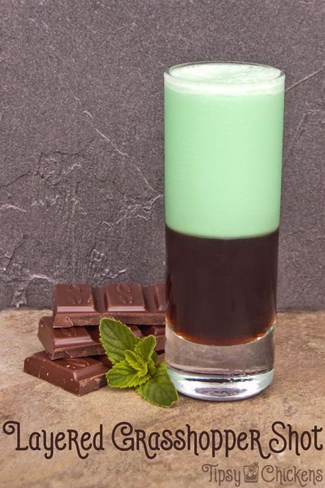 Enjoy a delicious shot of Minty Chocolate with a layered Grasshopper Shot. Carefully layer a shot of Dark Creme de Cocoa with a shaken combo of Creme de Menthe and heavy cream #grasshopper #chocolatemint #shots #shotrecipe #tipsychickens #cremedementhe #c Chocolate Eggnog, Shamrock Shakes, Liqueur Recipes, Candy Shots, Kahlua Cake, Christmas Eggnog, Chocolate Shots, Christmas Shots, Whipped Cream Vodka