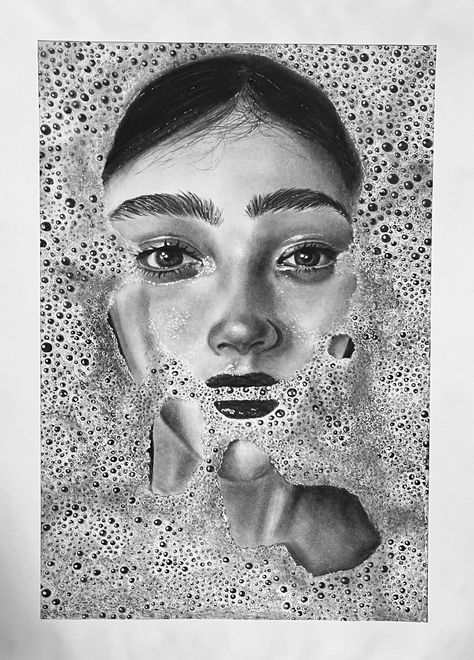 Bubble Portrait, Darian Mederos, Artist Research Page, Water Sketch, Self Portrait Drawing, Creative Self Portraits, Bubble Drawing, Gcse Art Sketchbook, Mask Drawing