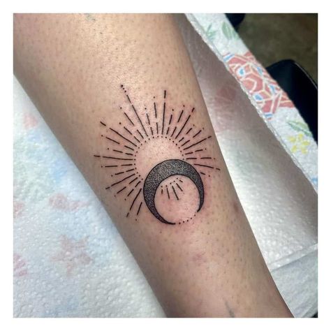 Black And White Sun And Moon Tattoo, Crescent Moon And Sun Tattoo Design, Sun Moon Line Tattoo, Sun And Moon Intertwined Tattoo, Art Deco Sun Tattoo, Linework Sun Tattoo, Yin Yang Sun Moon Tattoo, Lunar Eclipse Tattoo, Sun And Moon Finger Tattoo