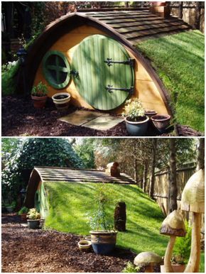 If your garden is not suitable for a treehouse then why not give a corner of it a touch of ’Tolkien’ Magic with these beautifully crafted, original ’Hobbit Holes’. ++High life tree house… Hobbit House Kit, Case Sotterranee, Moderne Have, Garden Playhouse, Casa Hobbit, Backyard Storage Sheds, Backyard Storage, Hobbit Hole, Hobbit House