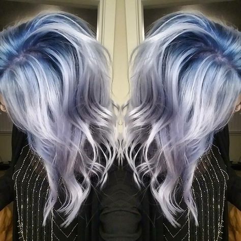 blue to silver color melt or shadow root Blue Roots Silver Hair, Silver Blue Blonde Hair, Light Grey Hair With Dark Roots, Blue Shadow Root Blonde, Blue And Silver Hair Ombre, Silver Shadow Root, Silver Blonde Hair Dark Roots, Colorful Shadow Root, Silver Blue Hair Ombre