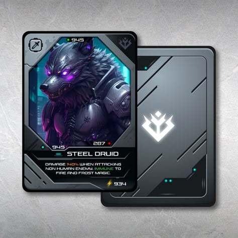 Metal Trading Card Game Template. Best for robotic, futuristic, cyberpunk and any hi-tech themes. Trading Card Game Template, Cyberpunk Card Design, Futuristic Card Design, Card Game Design Templates, Trading Cards Design, Card Game Template, Trading Card Design, Game Card Template, Card Game Design