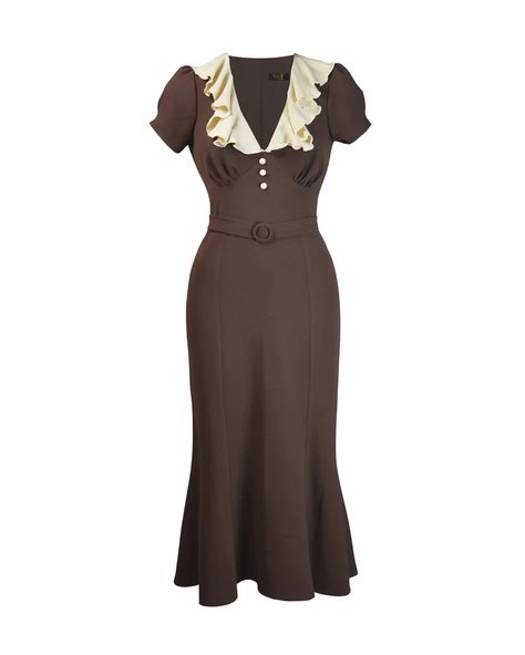 1930s Blondell Dress - Chocolate Brown – House of Foxy England Dress, 1930 Dress, 1930s Fashion Women, 1930's Dresses, Vintage Fashion 1930s, 1930 Fashion, 1930s Style, 1930s Dress, Defined Waist