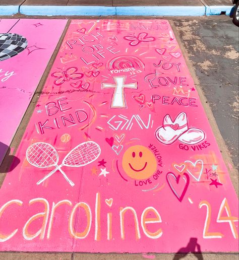 fun pink orange tennis jesus heart fabulousness Senior Parking Spot Inspiration, Pink And Orange Parking Spot, Pink Parking Spot Ideas, Senior Parking Spaces Preppy, Pink Painted Parking Spots, Senior Parking Spaces Jesus, Jesus Senior Parking Spot, Senior Parking Spaces Zach Bryan, Bow Parking Spot