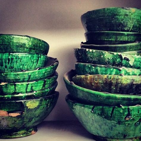 Tamegroute Pottery | Tea In Tangier Tamegroute Pottery, Moroccan Green, Moroccan Pottery, Green Pottery, Green Bowl, Pottery Designs, Polymer Clay Art, Local Artisans, Green Aesthetic