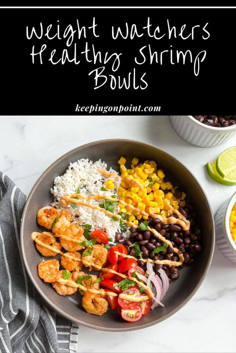 Healthy Shrimp Bowls - Keeping On Point Fiesta Lime Shrimp Bowl, Healthy Shrimp Bowl Recipes, Shrimp Protein Bowl, High Protein Shrimp Recipes, Shrimp Bowl Healthy, Shrimp Bowls Healthy, Ww Shrimp Recipes, Weight Watchers Shrimp Recipes, Shrimp Burrito Bowl Recipe