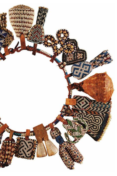 Africa | Details from a prestige belt from the Kuba people of DR Congo | Glass beads, shells and leather || Source; pg 188 ~ issuu.com/... Fabric Bead Necklace, African Beadwork, Dr Congo, Fiber Jewelry, Ancient Jewelry, Textile Jewelry, African Beads, Fabric Beads, African Jewelry