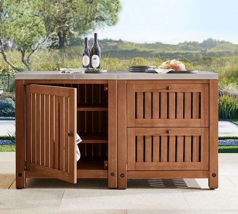 Abbott Outdoor Kitchen Concrete & FSC® Acacia Two-Drawer & Single-Door Cabinet, Brown | Pottery Barn Kitchen Refrigerator Cabinet, Outdoor Mini Fridge, Refrigerator Double Door, Outdoor Buffet, Modular Outdoor Kitchens, Outdoor Fridge, Refrigerator Cabinet, Outdoor Cabinet, Weathered Furniture