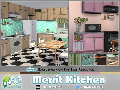 Retro ReBOOT - Merrit Kitchen - The Sims 4 Catalog 80s Furniture, 1940s Furniture, 1960s House, Sims 4 Kitchen, 80s Decor, 1960s Furniture, Free Sims, Sims 4 Downloads, Sims 4 Cc Furniture