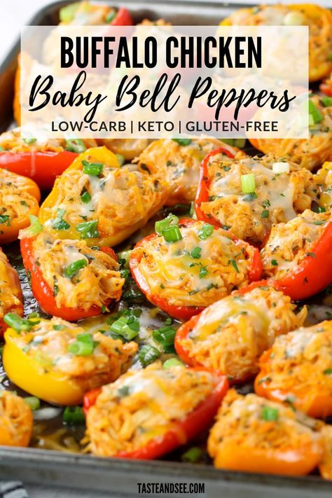 Baby bell peppers loaded with shredded chicken in a zesty buffalo sauce, melted cream cheese, and sharp cheddar cheese.  A tangy and delicious appetizer or a low-carb, gluten-free meal. #TasteAndSee Buffalo Chicken Dip Bell Peppers, Buffalo Chicken Bell Pepper Nachos, Buffalo Chicken Dip Peppers, Stuffed Bell Peppers Snack, Keto Mini Bell Pepper Recipes, Meal Prep With Bell Peppers, Bell Peppers Snack Ideas, Shredded Chicken Bell Peppers, Chicken Salad Bell Pepper Boats