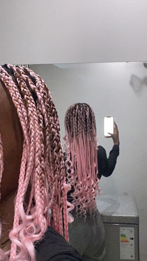 Light Pink And Black Braids, Light Pink Braids Black Women, Pink Protective Styles, Pastel Pink Braids, Pink Bohemian Braids, Pink Braided Hairstyles, Kawaii Braids, Light Pink Braids, Pink Braids Black Women