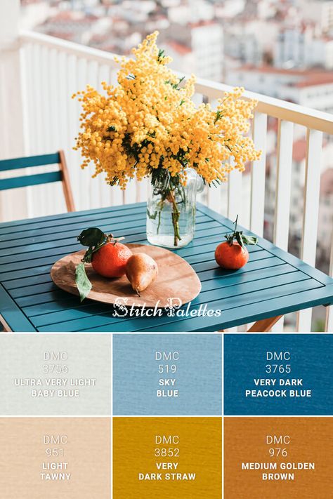 Light Blue And Gold Color Palette, Stitch Palette, Dark Peacock Blue, Dark Academia Color Palette, Stitch Palettes, Medium Golden Brown, Balcony View, Red Bank, Gold Color Palettes