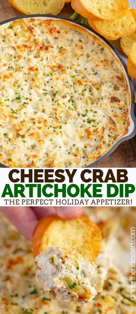 Crab Artichoke Dip is creamy and cheesy with artichoke hearts, parmesan cheese, and big pieces of crab meat, ready to serve in only 30 minutes! #crab #artichoke #dip #easy #hot #recipe #creamcheese #parties #appetizer #holidays #christmas #thanksgiving Hot Crab And Artichoke Dip Recipe, Crab Artichoke Dip Baked, Crab And Artichoke Dip Baked, Artichoke And Crab Dip, Artichoke Crab Dip, Crab Artichoke Dip, Artichoke Dip Easy, Crab And Artichoke Dip, Appetizers Easy Dips