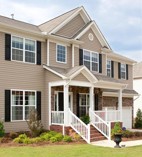 Neutral Exterior Paint Colors House Shutter Colors, House Siding Options, Exterior Siding Options, Exterior Vinyl Shutters, Exterior House Siding, Tan House, Siding Repair, Shutter Colors, Siding Options