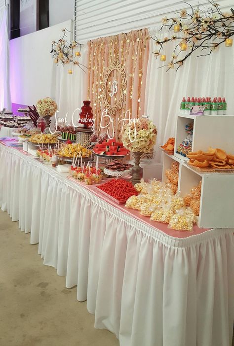 love the backdrop Buffet Backdrop Ideas, Treat Table Backdrop Ideas, Backdrop For Food Table, Food Table Backdrop Ideas, Wedding Food Table Backdrop, Quinceanera Dessert Table Backdrop, Fruit Tables For Quinceanera, Snack Table For Party, Birthday Party Buffet Table Decor