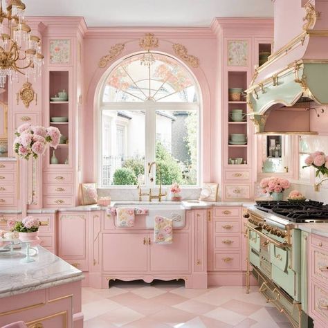 ADVERTISEMENT Pink Kitchen Aesthetic Vintage, Shabby Chic Design Interior, Pink Shabby Chic Kitchen, Light Pink And Green Kitchen, Dream Cottage Living Room, Luxury Pink Kitchen, Feminine Kitchen Design, Pink Cottage Kitchen, Pink Girly House