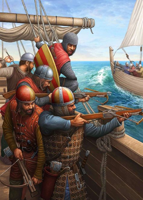 Medieval Ship, Naval Battle, Century Armor, Warriors Illustration, Sea Battle, Historical Warriors, High Middle Ages, Medieval Ages, Ancient Warfare