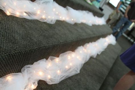 Tulle Fairy Lights Wedding, Fairy Lights Under Cheesecloth, Tulle Wedding Aisle, Tulle With Lights, Organza Decorations Wedding, Tulle And Fairy Lights, Indoor Ceremony Backdrop, Wedding Aisle Decorations Indoor, Isle Decorations