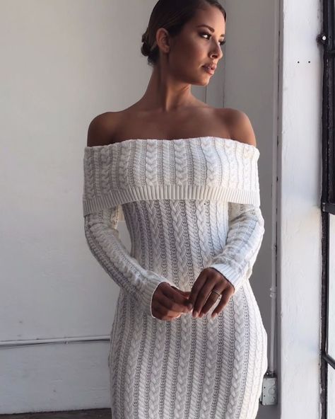 Don't give this look the cold shoulder 💭💭 NEW ANNALISE Cable Knit Dress | Part of #MESHKILounge at www.meshki.com.au White Off Shoulder Dress, Cable Knit Dress, Bodycon Sweater, Bodycon Sweater Dress, Long Sleeve Knit Dress, Crochet Woman, Buy Dress, Wholesale Clothing, Long Sleeve Knit