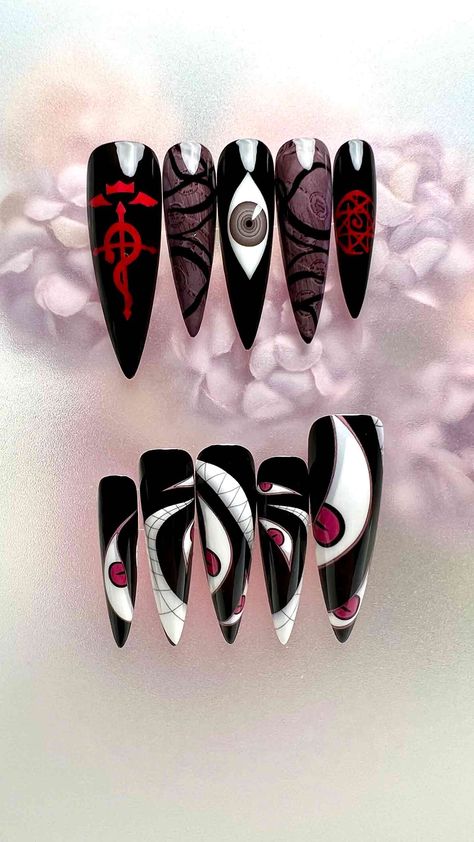 * 7-20+ days hand made + 6-9 days transit (only for US) * Transit time for other countries and VAT for EU, see FAQ Fullmetal Alchemical Eyes Unleash the power of alchemy with these captivating Fullmetal Alchemist nails! ️   A stunning and unique way to showcase your love! ✨      Why choose us? The nail decal is specially designed and made by myself to make sure slimness and the ultra clarity. Pairing with curated nail tips, the elixir make you effortlessly comfortable and stylish.  Capitalizing on the premium decals made by myself and technique of hand painting, The dainty nails make every particular defeat what the machine produced.  No need to spend $$$ for manicures that take hours to apply – you can apply and take off your press-on nails in just a snap!  How can I package your ord Fullmetal Alchemist Nails, Itachi Nails, Anime Nails Designs, Dainty Nails, Elric Brothers, Full Metal Alchemist, Press On, Anime Nails, Edward Elric