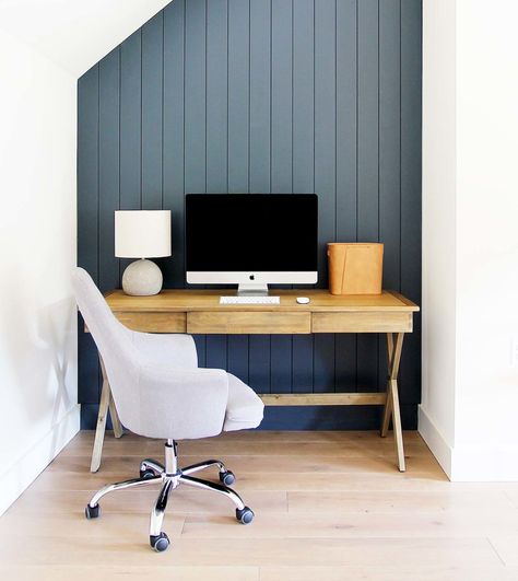 Office Decor Navy, Vertical Shiplap Accent Wall, Plank And Pillow, Vertical Shiplap, Desk Idea, Diy Porch Swing, Porch Swing Bed, Built In Bunks, Building A Porch