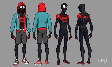 Spider-Man: Into The Spider- Verse, Alejandro Olmo (AOS) on ArtStation at https://www.artstation.com/artwork/QzElv8 Miles Morales Reference Sheet, Miles Morales Character Sheet, Miles Morales Costume, Ekko League Of Legends, Suit Reference, Spiderman Noir, Spiderman Characters, Realistic Render, Spiderman Comic Art