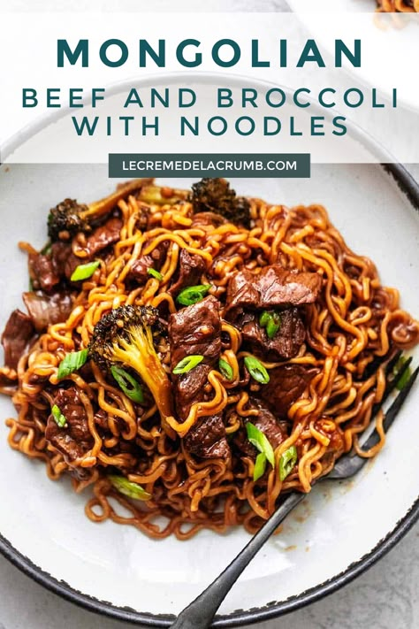 Beef Recipes With Noodles, Beef Tip Dinner Recipes, Beef Brocolli Noodles, Beef And Broccoli And Noodles, Beef And Broccoli Ramen Instant Pot, Mongolian Dinner Recipes, Mongolian Beef Recipe With Noodles, Meat Noodles Recipe, Mongolian Beef With Ramen Noodles