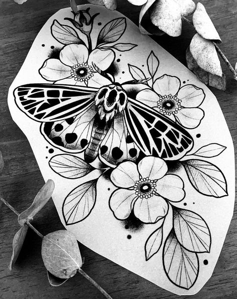 Large Tattoo Sketch, Moth Tattoos For Women Leg, Moth Flower Tattoo, Moth With Flowers Tattoo, Dark Flower Tattoos, Moth And Flower Tattoo, Lunar Moth Tattoo, Moth Drawing, Moth Tattoo Design