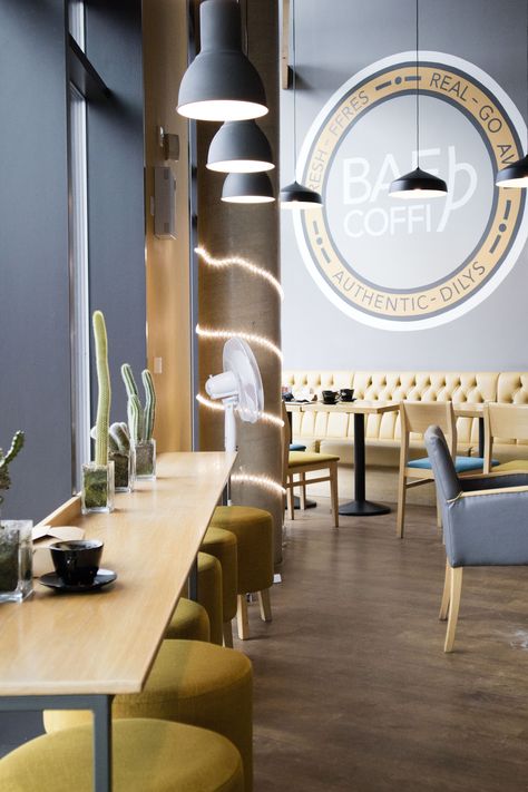 Grey and Yellow university Coffee shop Cardiff & Vale College - Bae Coffi by SEA Design Group University Coffee Shop, Yellow Coffee Shop, Yellow Restaurant, Cafe Business, Modern Coffee Shop, Coffee Place, Cake Branding, Small Coffee Shop, Bagel Shop