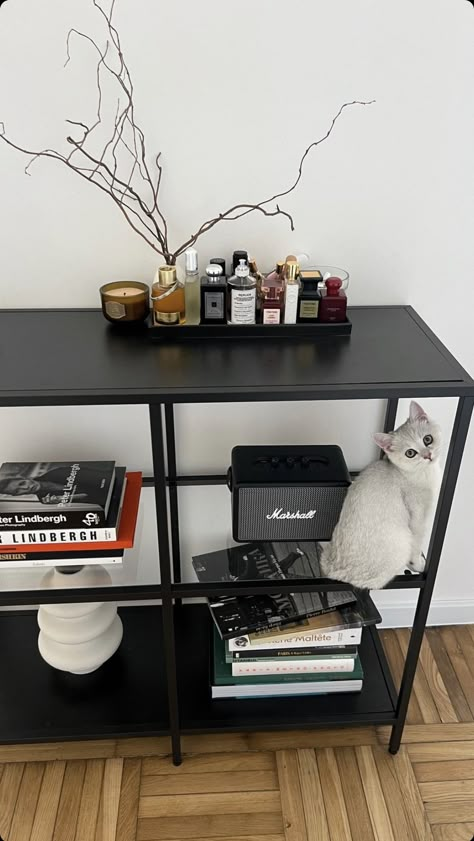 Masculine Apartment Aesthetic, Shelf Decor Men, Men’s Room Aesthetic, Guy Apartment Ideas, Men's Apartment Decor, Black Shelf Decor, Organised Aesthetic, Masculine Decor Apartment, Boys Apartment