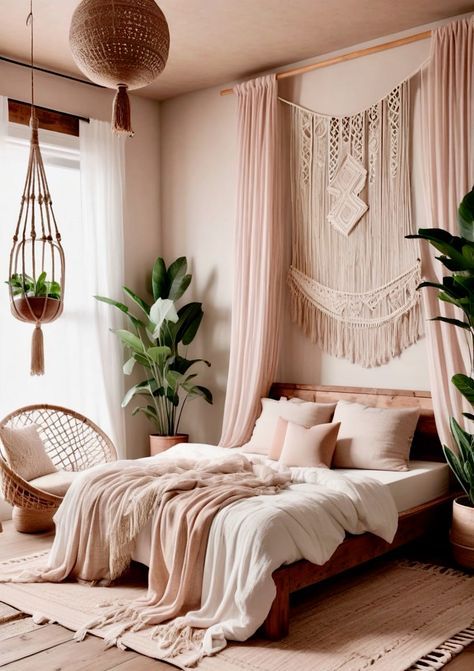 Peach Colour Room Bedrooms, Boho Main Bedroom, Coral Boho Bedroom, Peach Bedrooms, Boho Pink Bedroom, Pink And Gold Bedroom Ideas, Peach Bedroom Ideas, Pink Boho Bedroom Ideas, Pink Bohemian Bedroom