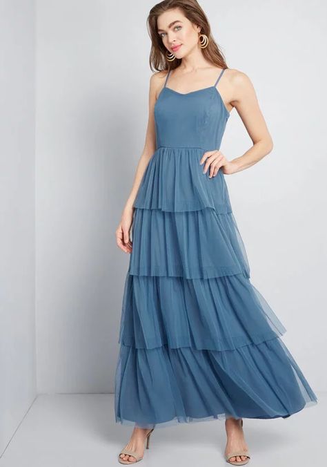 Slate Blue Bridesmaid Dresses, Form Fitting Clothes, Trendy Dresses Summer, Mod Cloth Dresses, Modcloth Dresses, Blue Bridesmaid Dresses, Chiffon Maxi Dress, Tiered Maxi Dress, Maxi Dress Blue