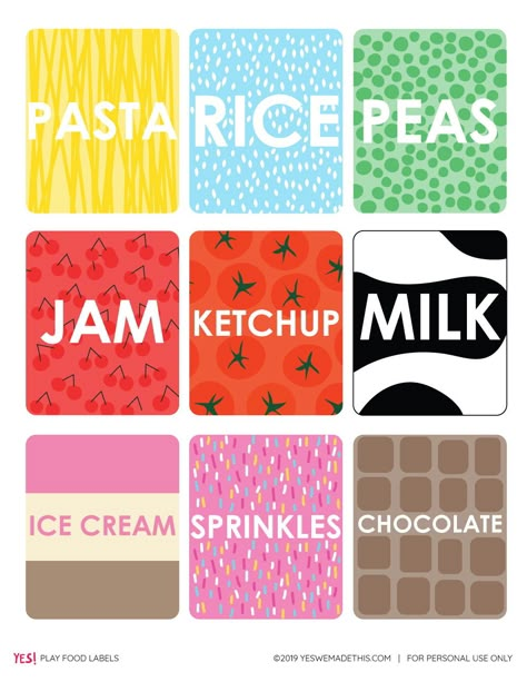 Get our free printable template with food labels and make your own dramatic play accessories for your kids' play kitchen. A simple and colorful pretend play set your kids will love! #diyplaykitchen #dramaticplay  #playfood #pretendplay #yeswemadethis Pretend Play Food Printables, Play Kitchen Printables Free, Play Food Printables, Diy Play Kitchen Accessories, Diy Play Food, Printable Pretend Play, Play Food Diy, Kitchen Pretend Play, Kids Play Food